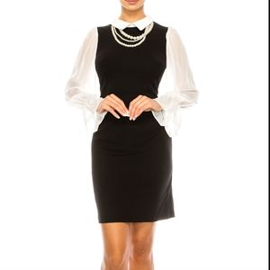 Shelby Palmer Black & White Long Sleeve Bib Neck Shift Dress With Pearl Necklace